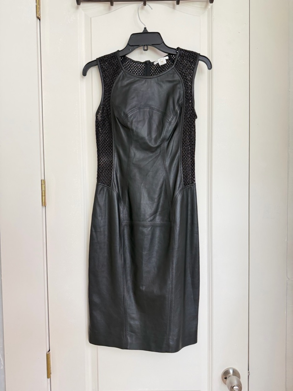 Paula Ka Sleeveless Black Leather Midi Dress with Mesh Yoke Size 4